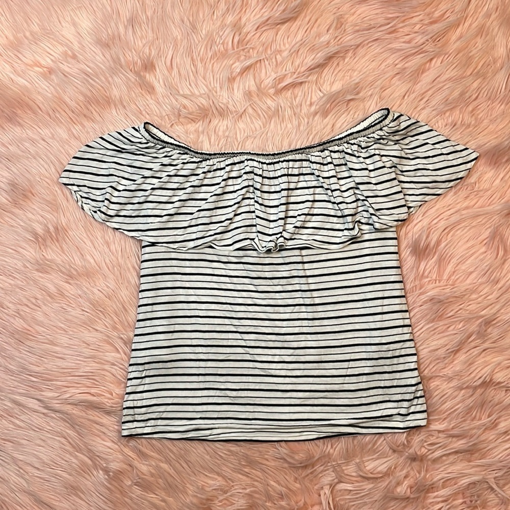 American Eagle Black & White Striped Off Shoulder Stretch Blouse Small